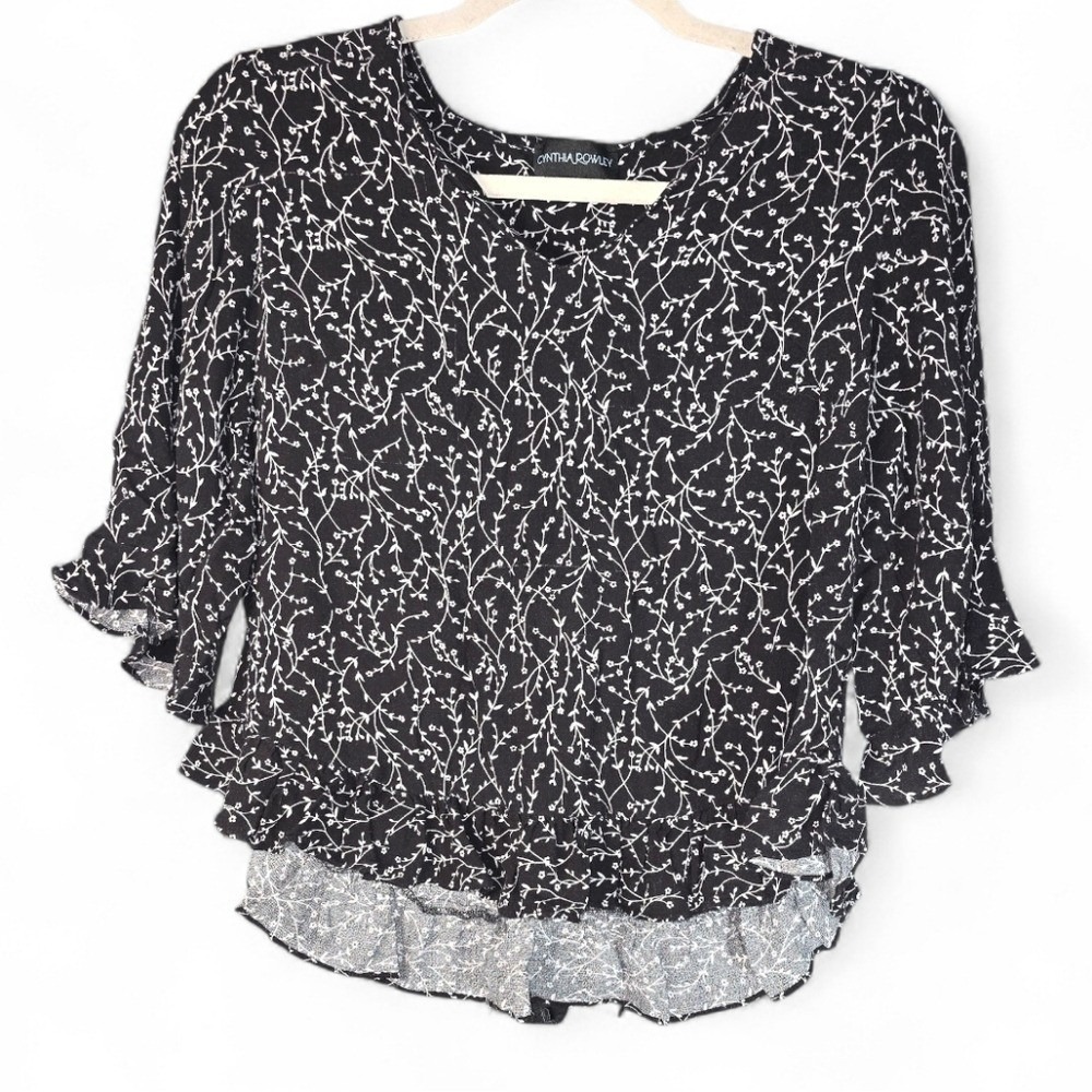 Cynthia Rowley Black and White Floral High Low Ruffle Hem & Cuffs Boho Blouse